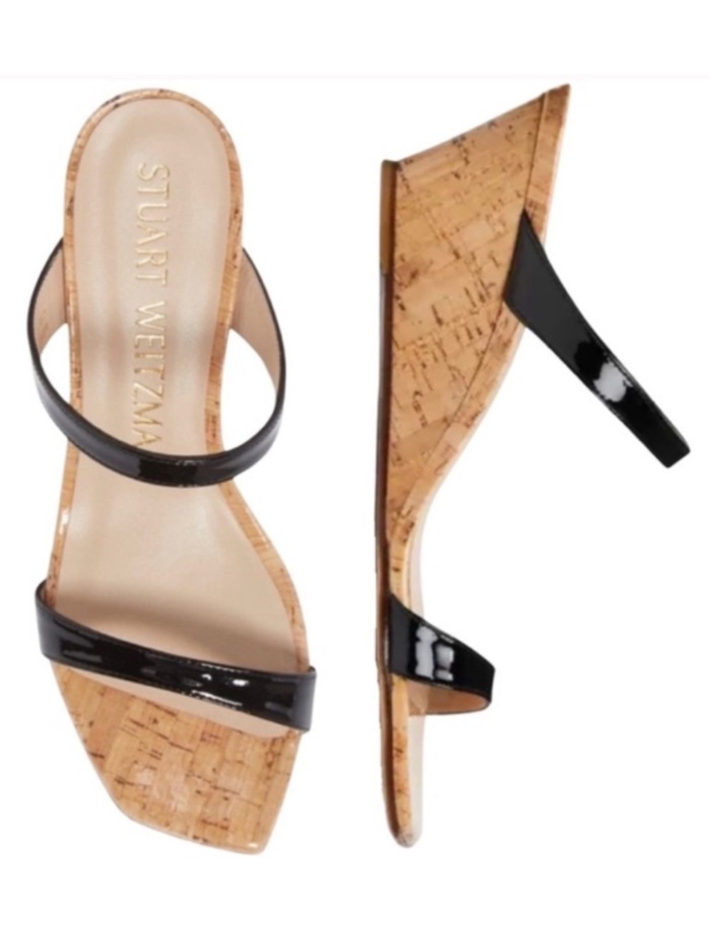 Stuart Weitzman Aleena Wedge Slide Sandal
Size 6 Black Patent Cork Wedges